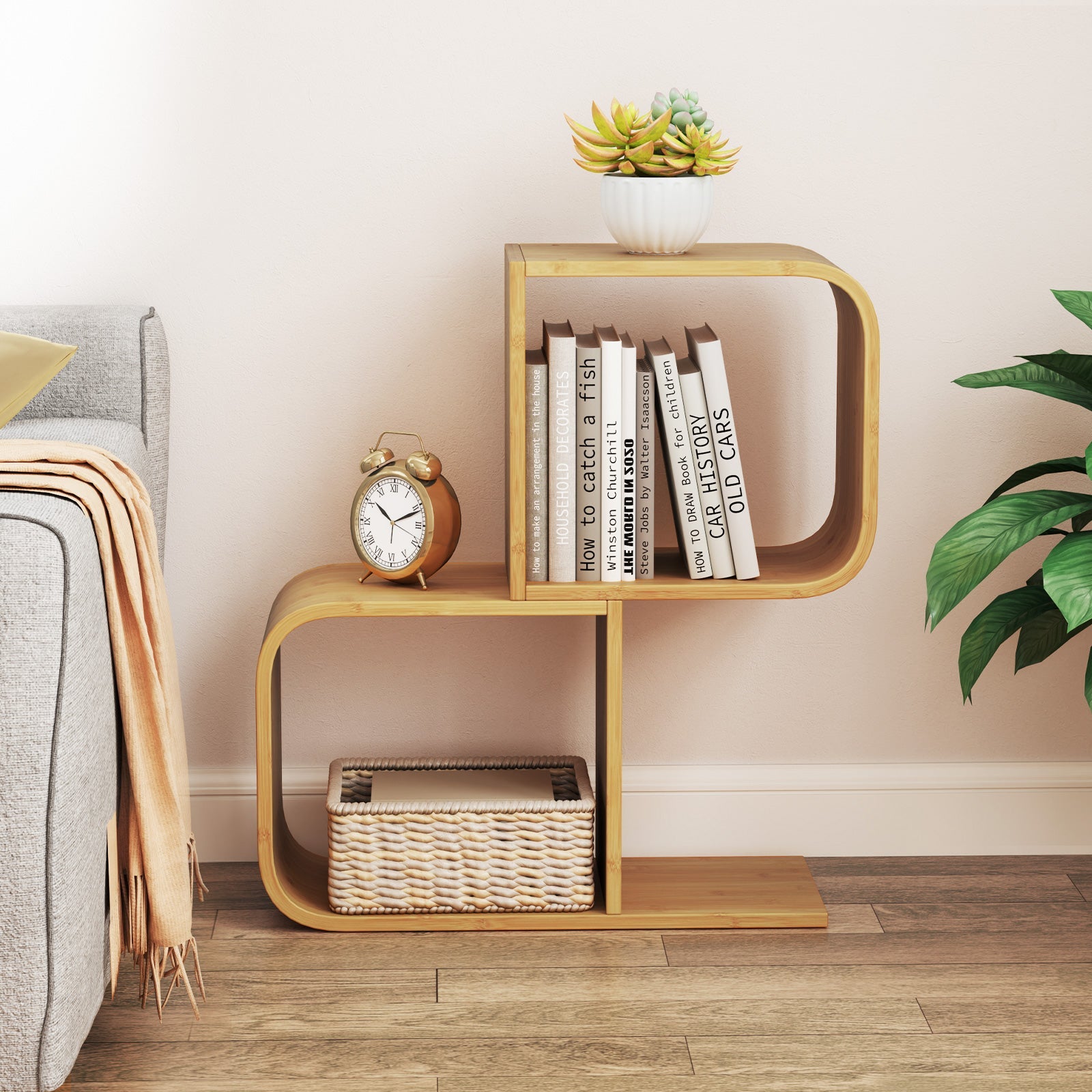2-Tier S-Shaped Bamboo Bookcase