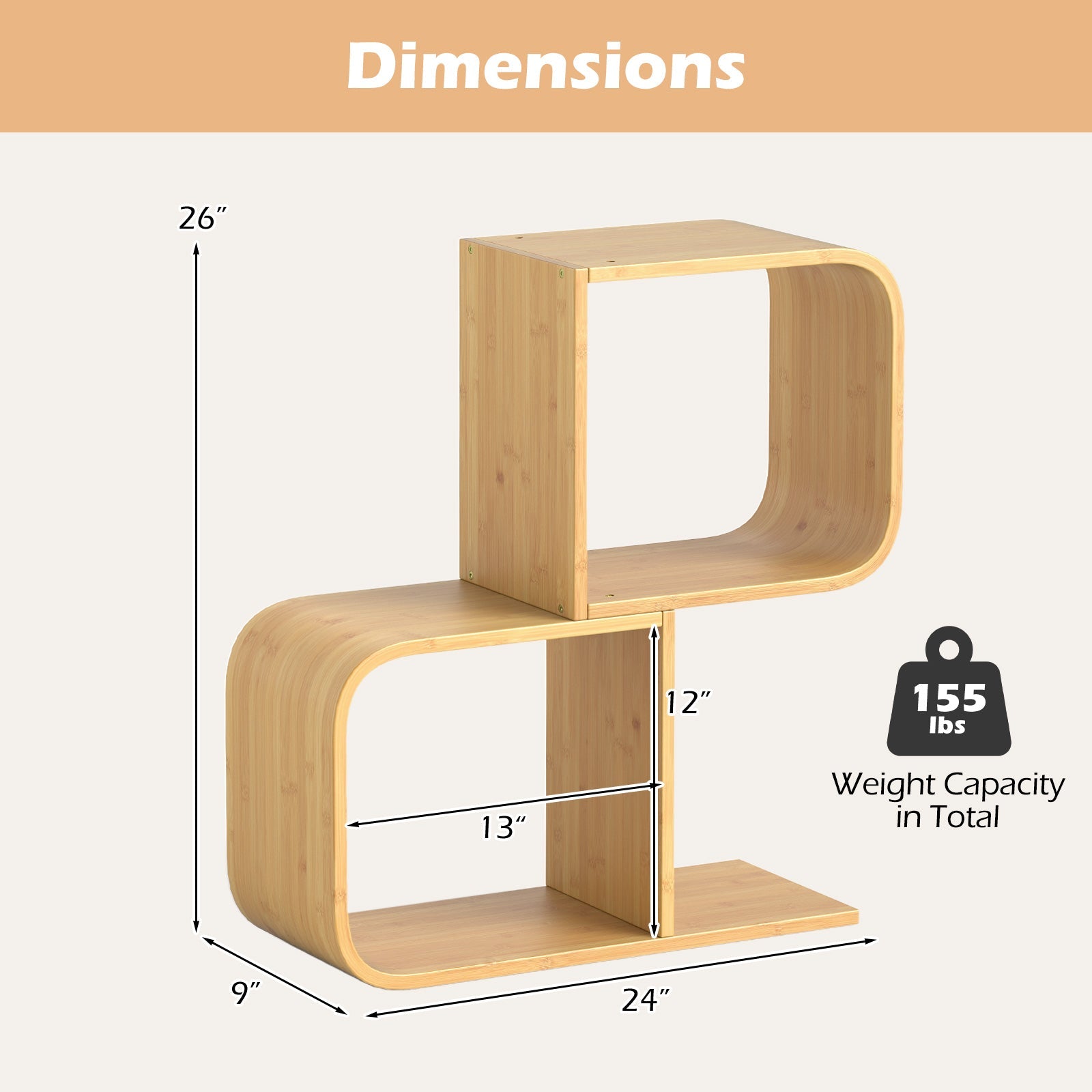 2-Tier S-Shaped Bamboo Bookcase
