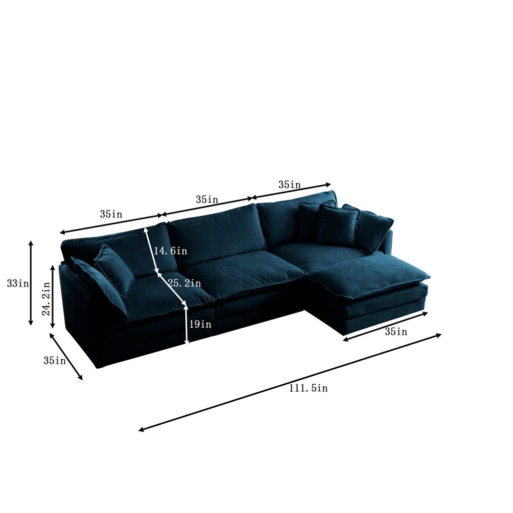 Chenille Oversized Comfy L-Shaped Sectional Sofa with Reversible Ottoman - Blue