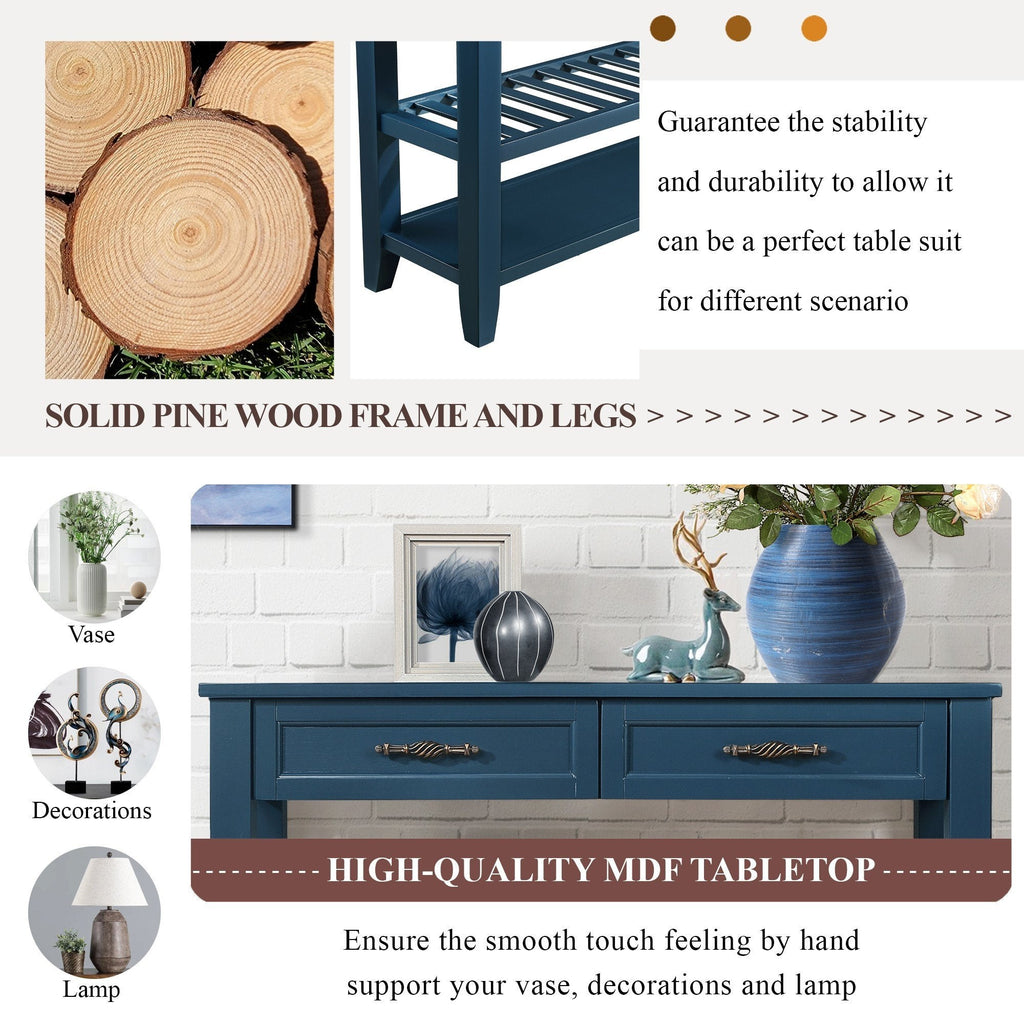 Mid-Century Style Solid Wood Buffet Sideboard with 2 Storage Drawers and 2 Tiers Shelves - Navy Blue