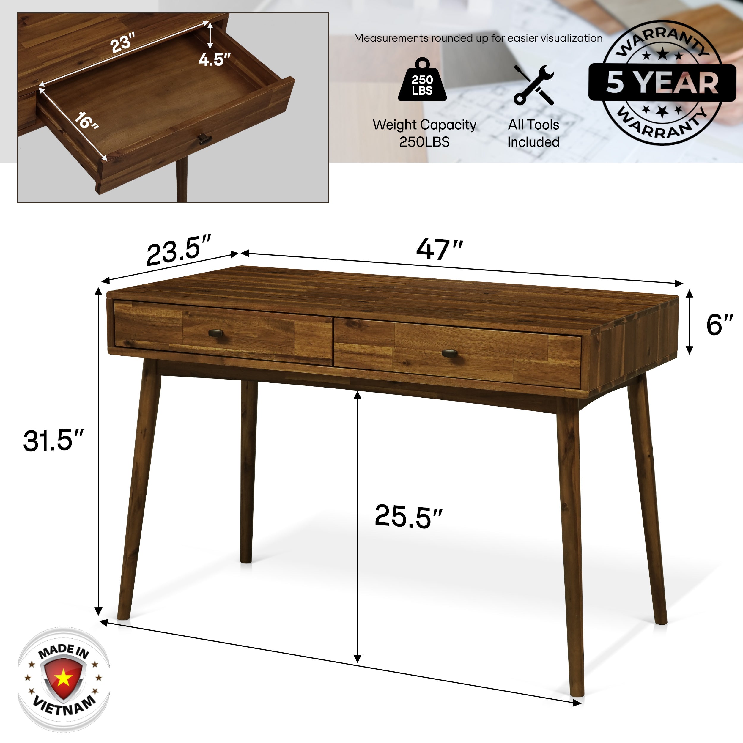 Lagom Solid Acacia Wood Desk with Drawers