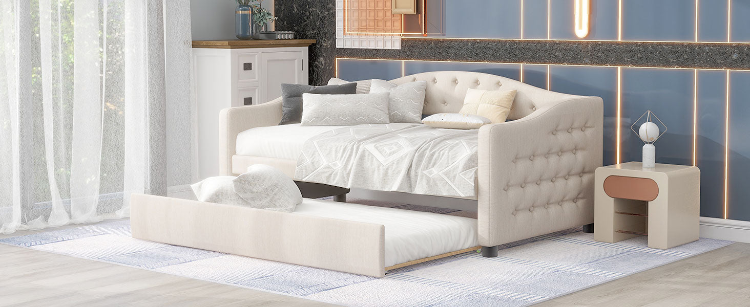 Upholstered Twin Size Daybed with Trundle - Beige