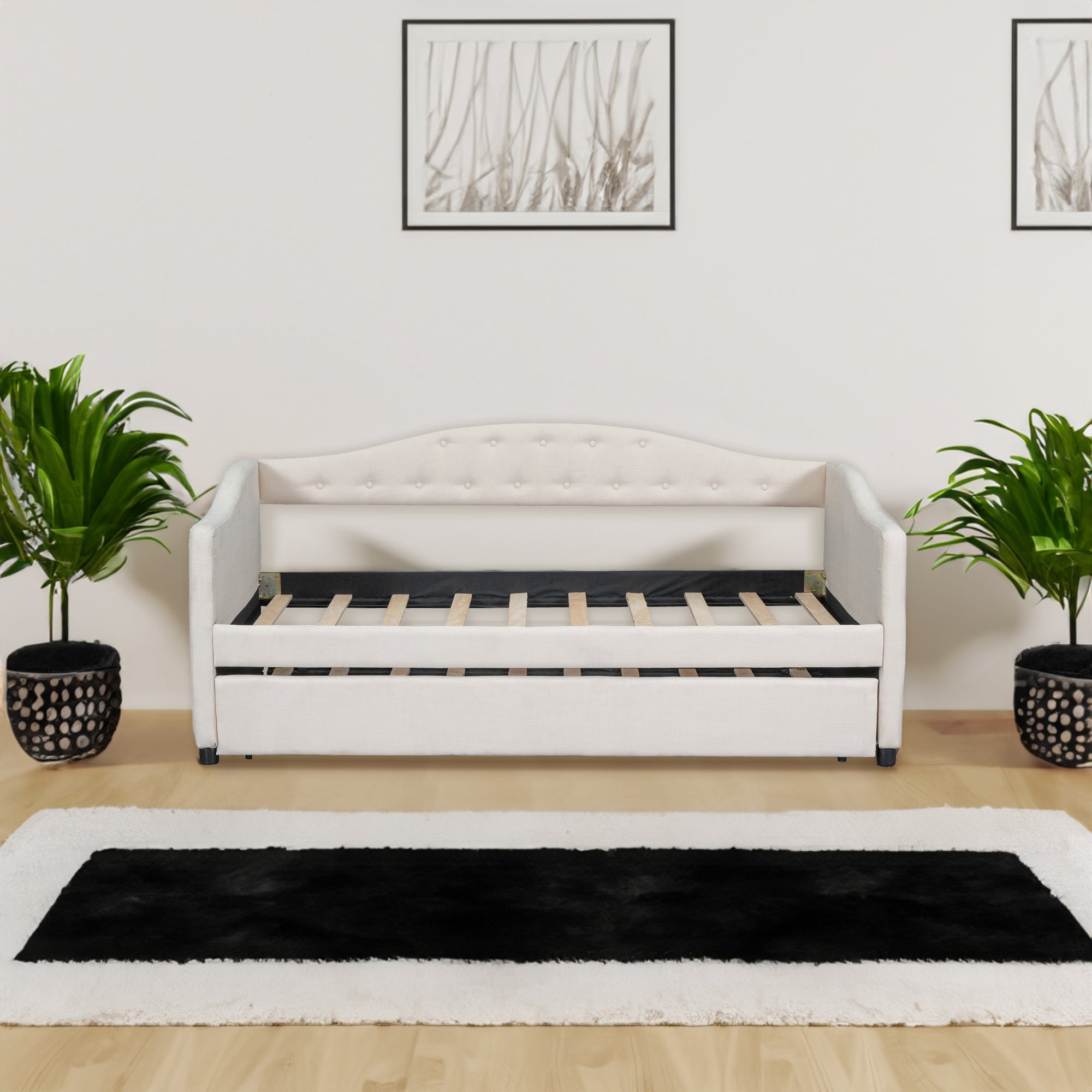 Upholstered Twin Size Daybed with Trundle - Beige
