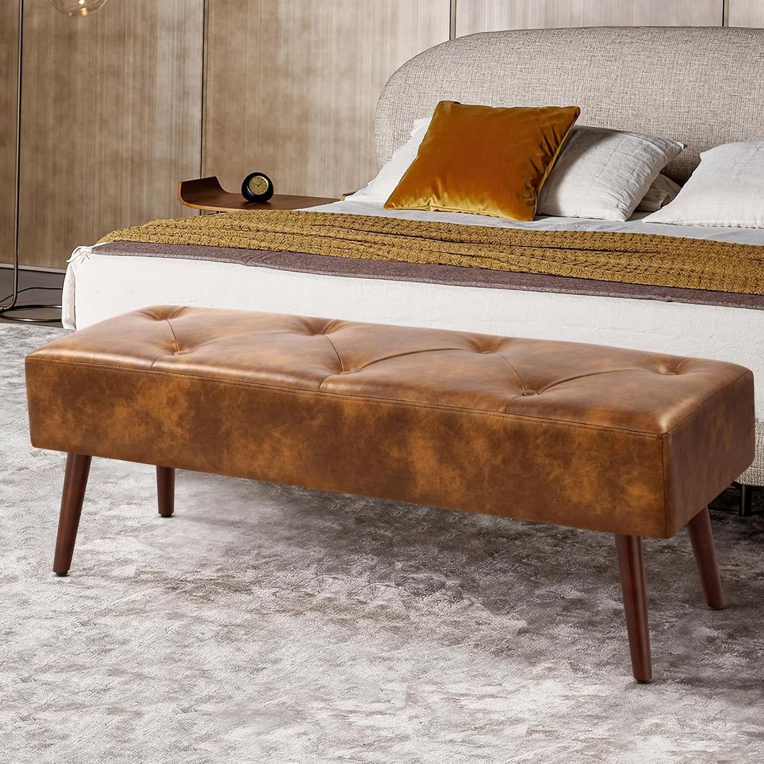 Brown Leather Upholstered Bench with Solid Wood Legs