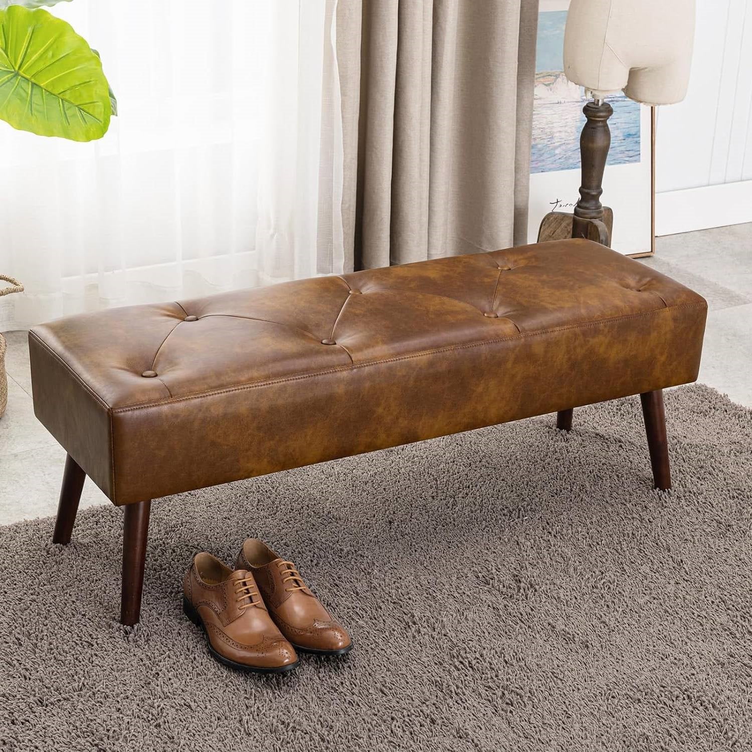 Brown Leather Upholstered Bench with Solid Wood Legs