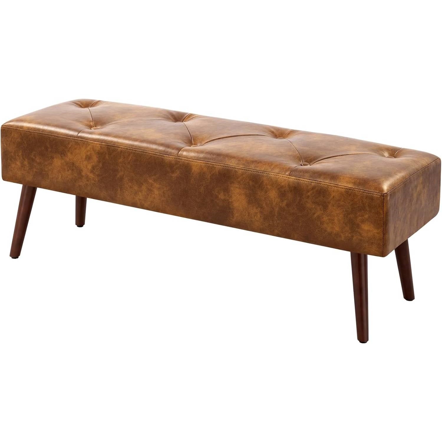 Brown Leather Upholstered Bench with Solid Wood Legs