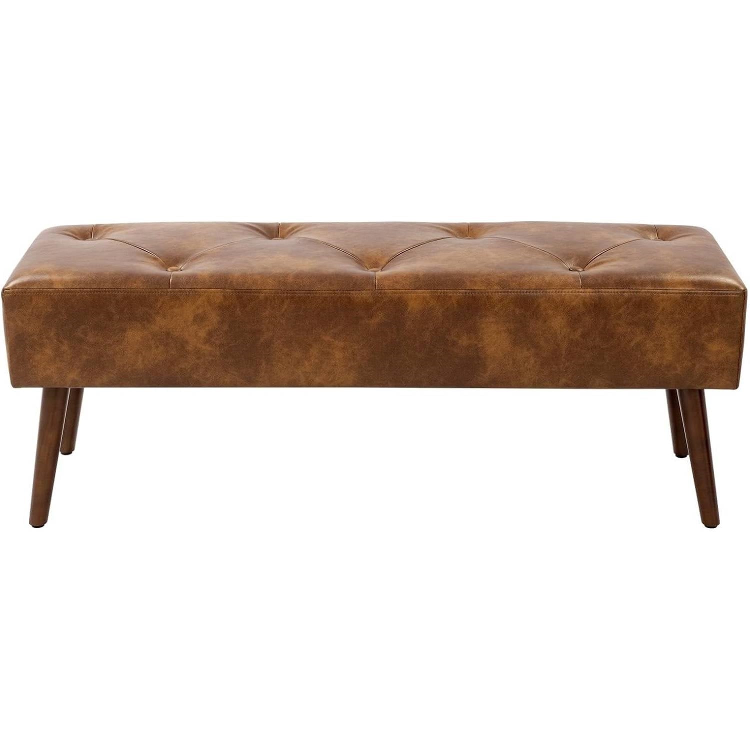 Brown Leather Upholstered Bench with Solid Wood Legs