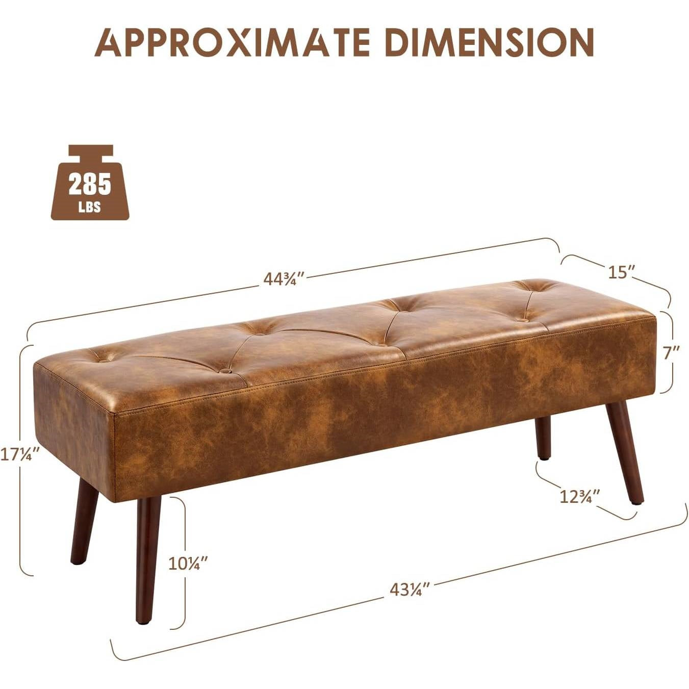 Brown Leather Upholstered Bench with Solid Wood Legs