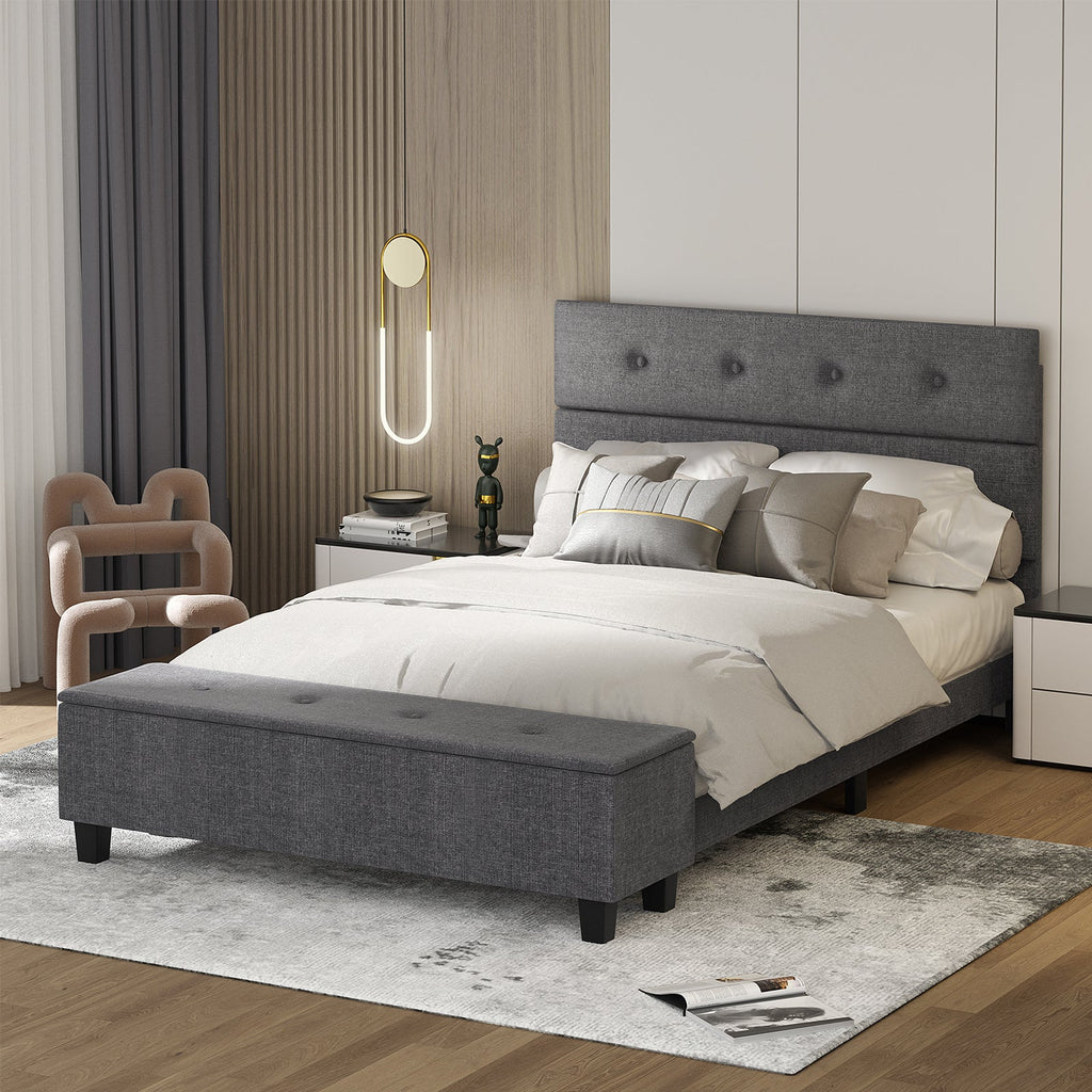 Full Size Upholstered Bed Frame with Ottoman Storage - Gray