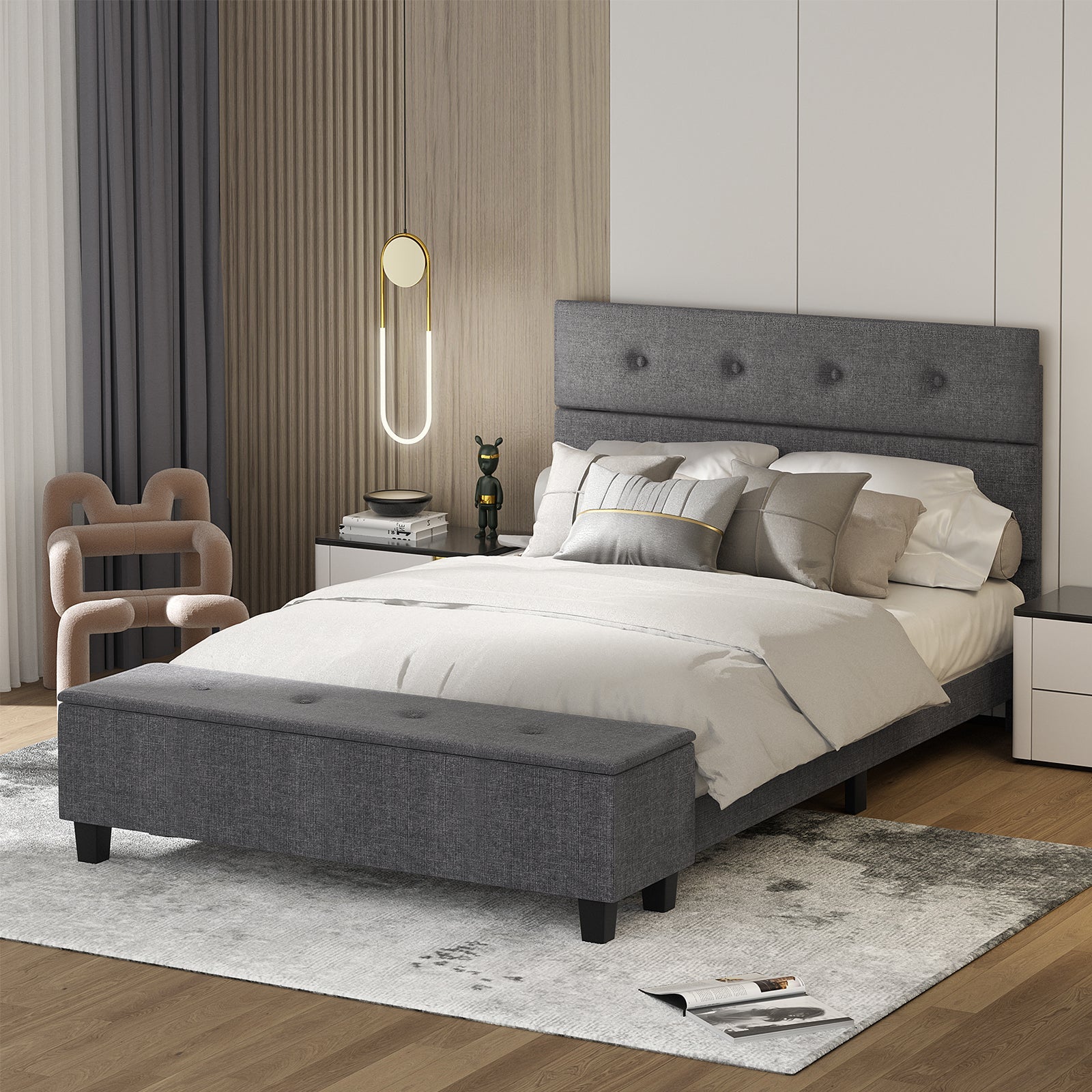 Full Size Upholstered Bed Frame with Ottoman Storage - Gray