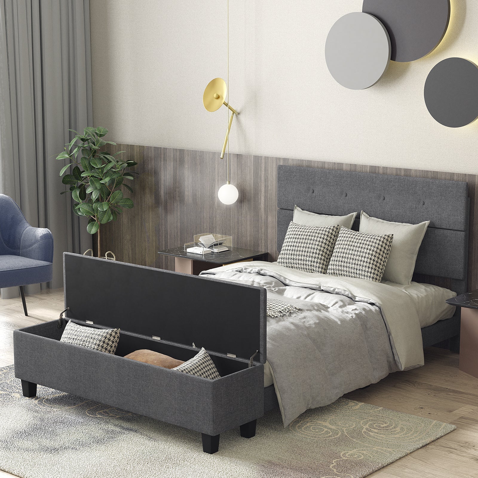 Full Size Upholstered Bed Frame with Ottoman Storage - Gray