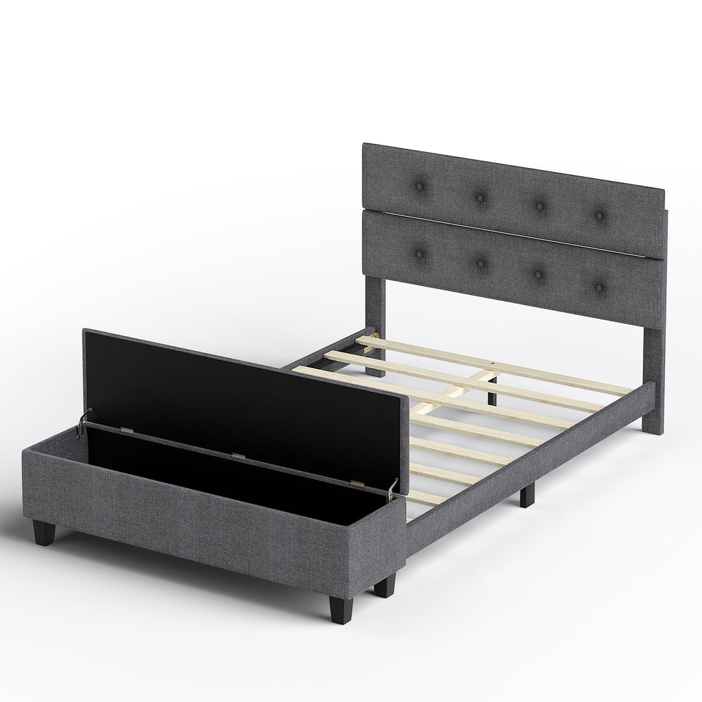 Full Size Upholstered Bed Frame with Ottoman Storage - Gray