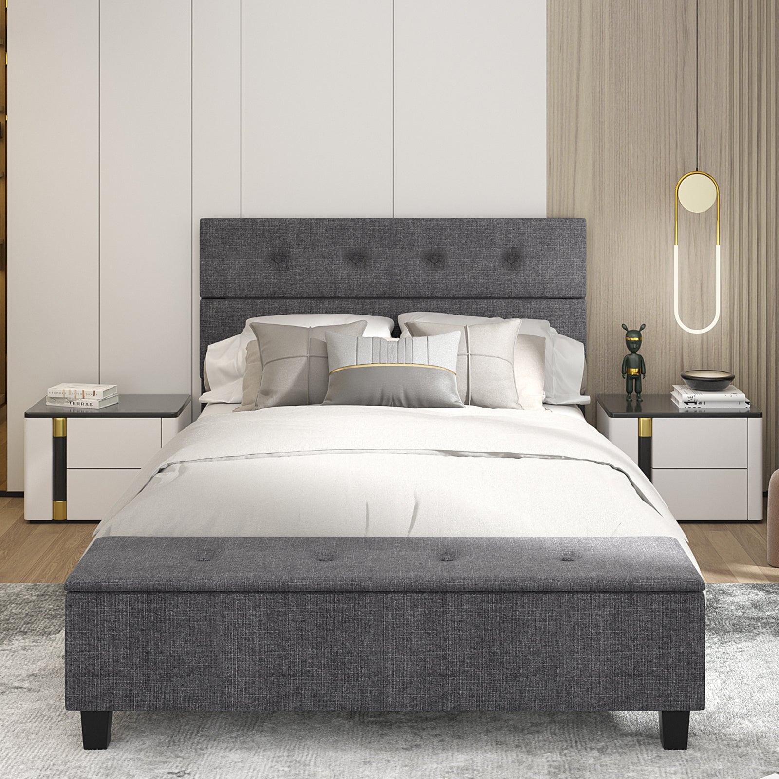 Full Size Upholstered Bed Frame with Ottoman Storage - Gray