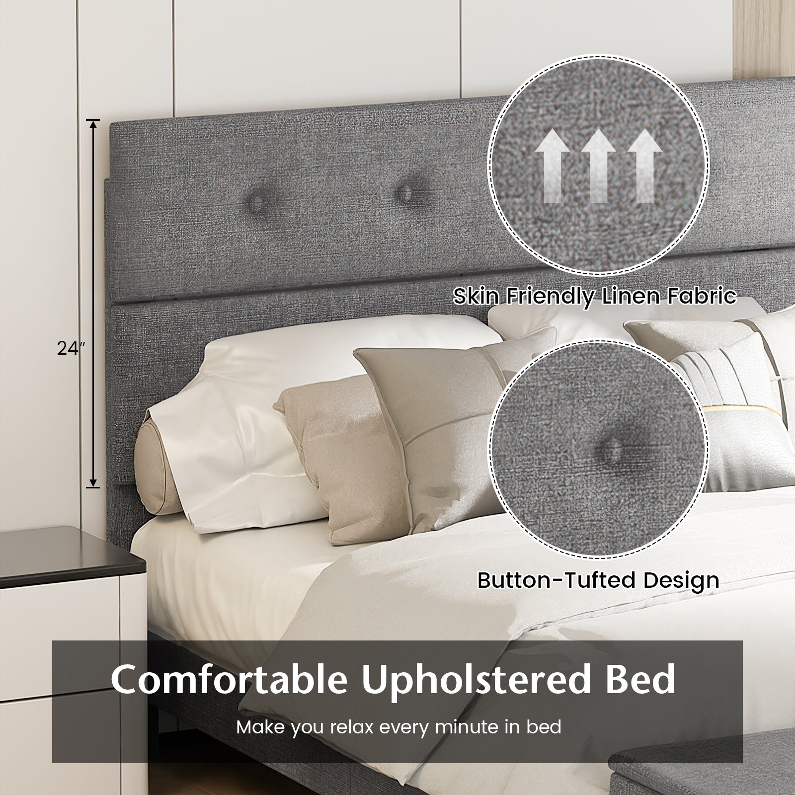 Full Size Upholstered Bed Frame with Ottoman Storage - Gray