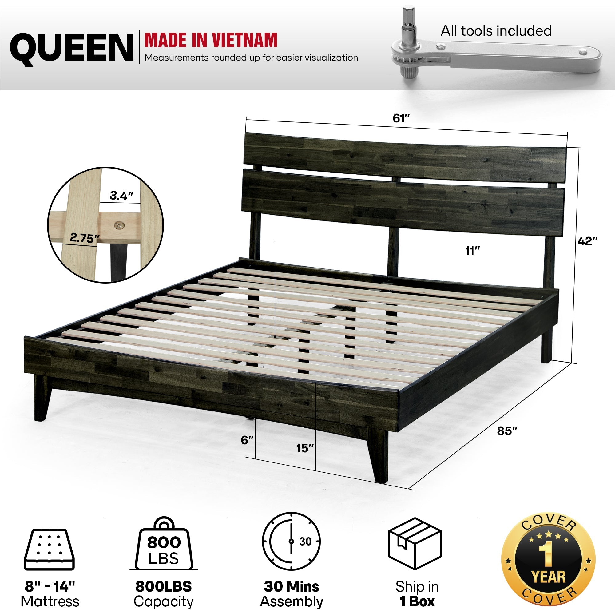 Acacia Solid Wood Bed Frame - Aurora Style for a Stylish Bedroom