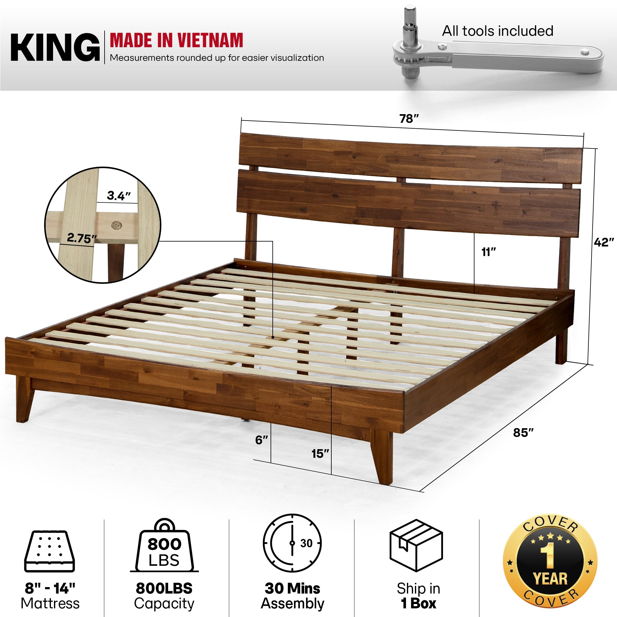 Acacia Solid Wood Bed Frame - Aurora Style for a Stylish Bedroom