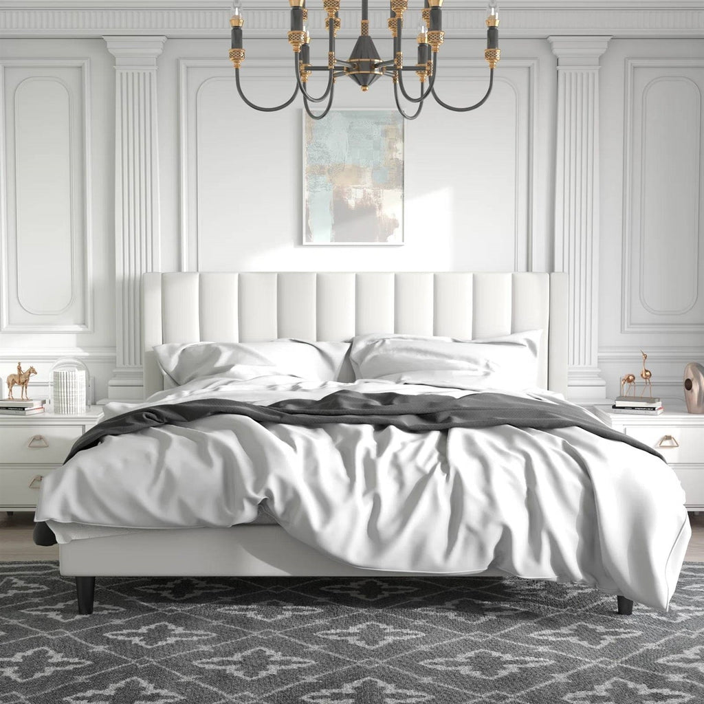 King Size White Velvet Upholstered Platform Bed Frame with Headboard