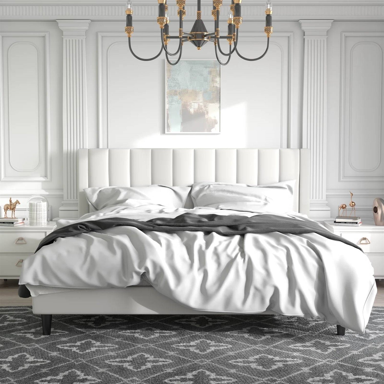 King Size White Velvet Upholstered Platform Bed Frame with Headboard