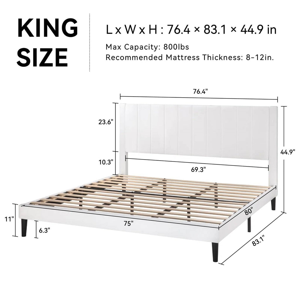 King Size White Velvet Upholstered Platform Bed Frame with Headboard