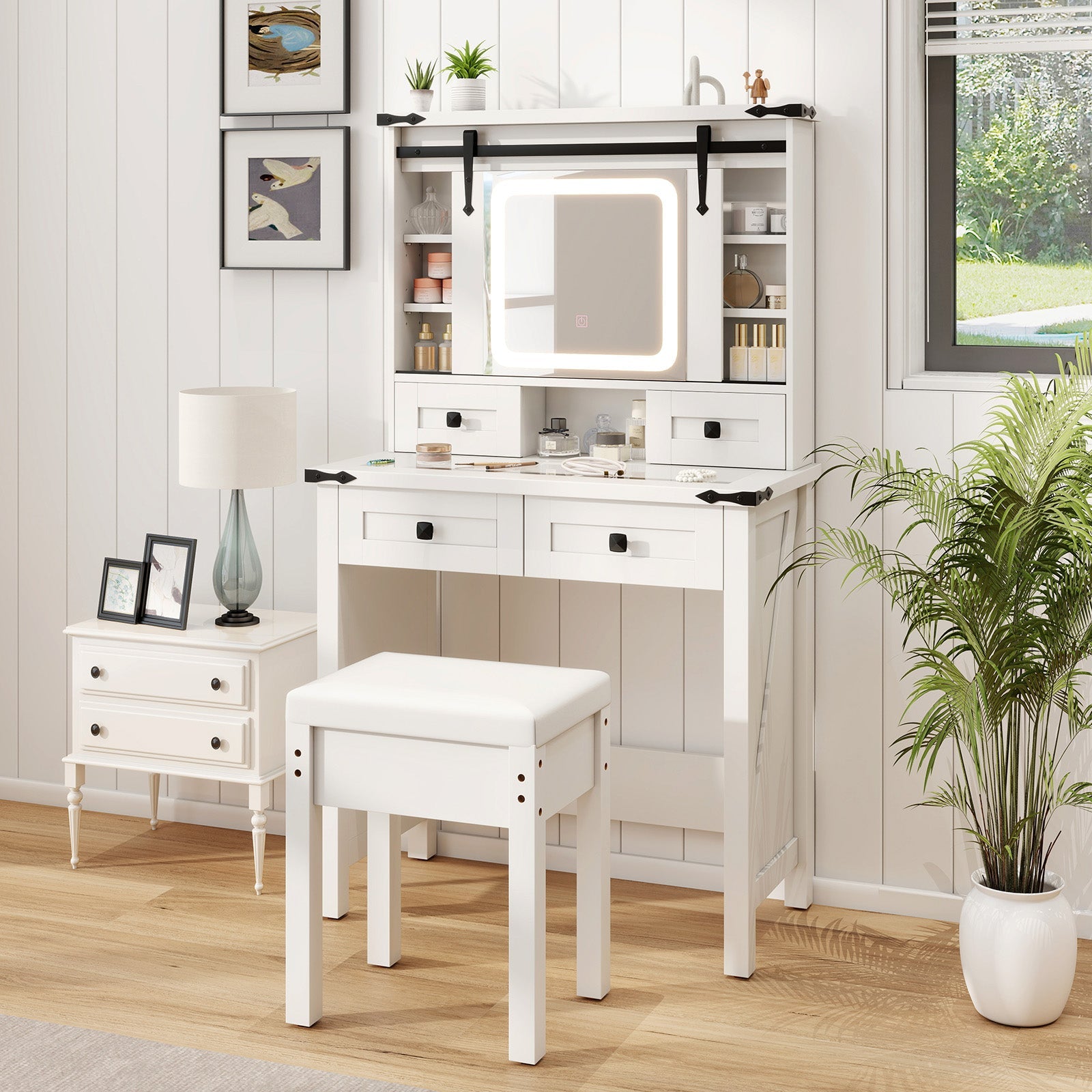 White Makeup Vanity Desk with Mirror and Adjustable Storage Shelves