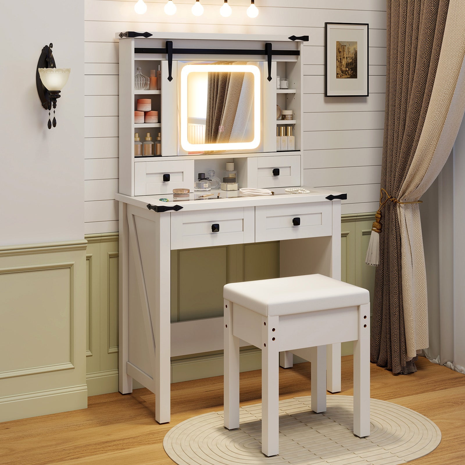 White Makeup Vanity Desk with Mirror and Adjustable Storage Shelves