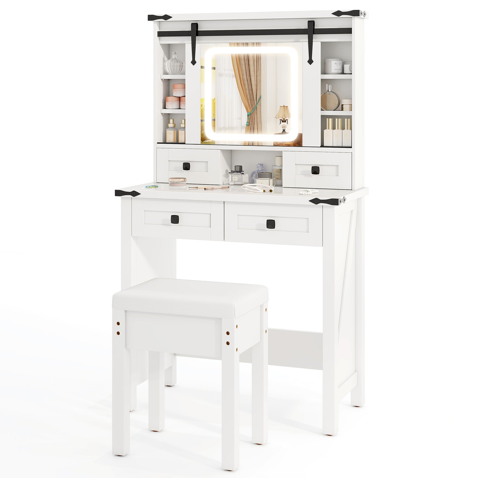 White Makeup Vanity Desk with Mirror and Adjustable Storage Shelves