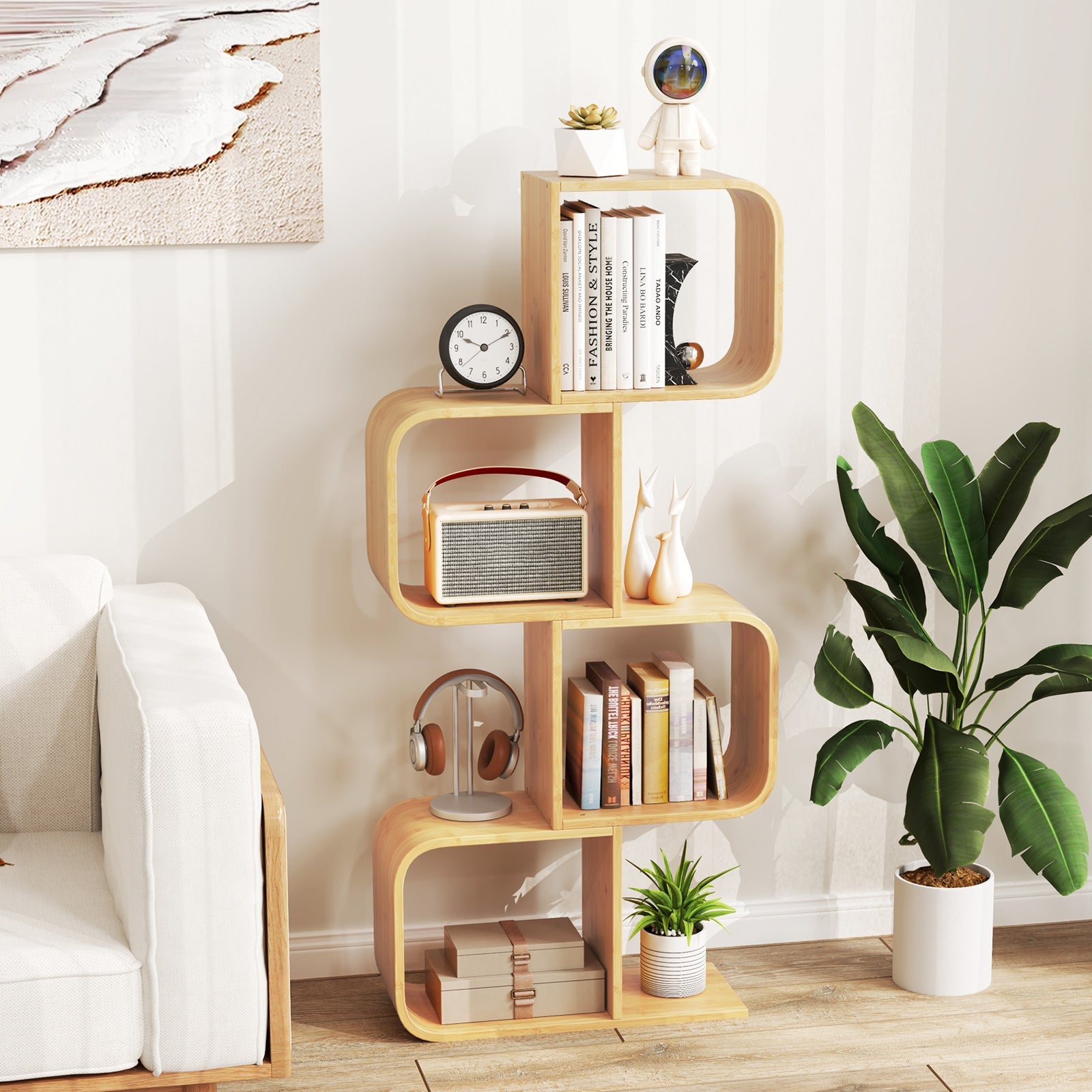 4-Tier S-Shaped Bamboo Bookcase
