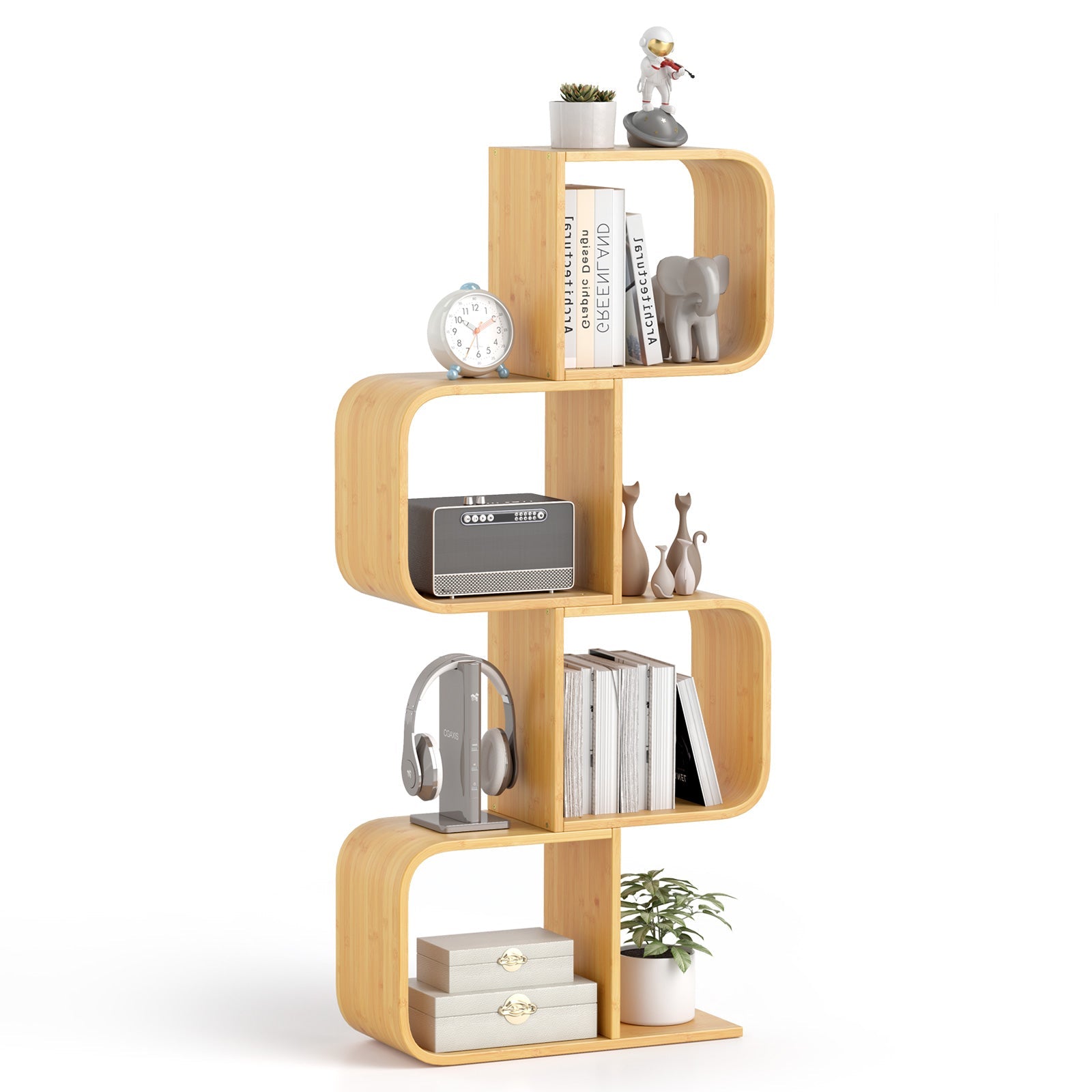 4-Tier S-Shaped Bamboo Bookcase