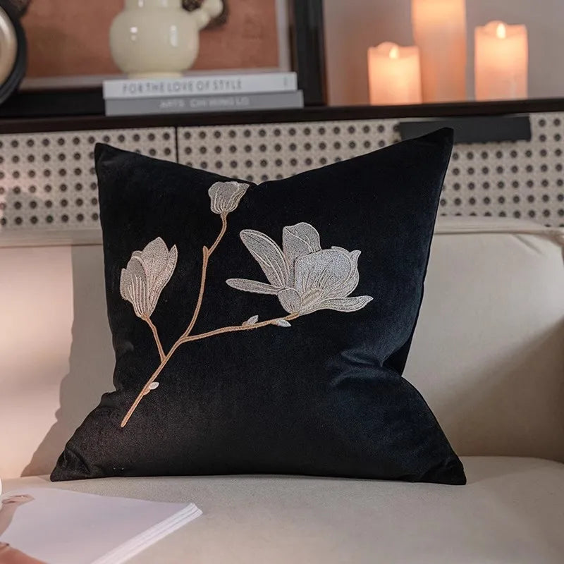 DecorBites™ French Vintage Magnolia Embroidered Velvet Throw Pillow Case
