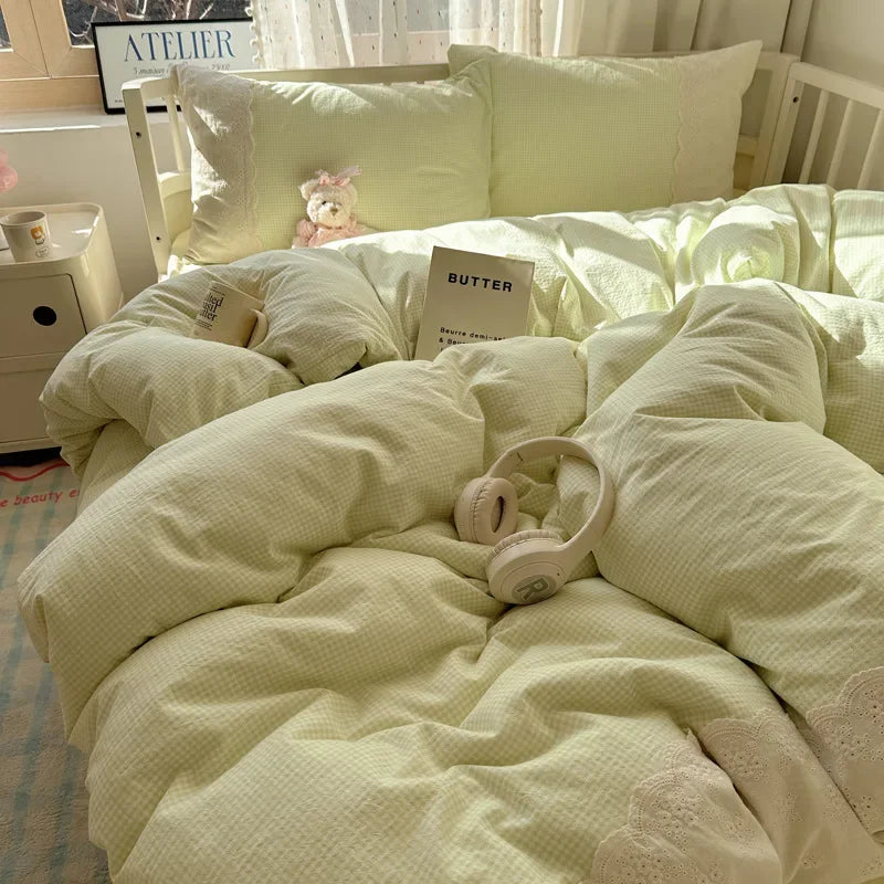 DecorBites™ Lace Duvet Cover Bedding Set 4Pcs French Washed Cotton