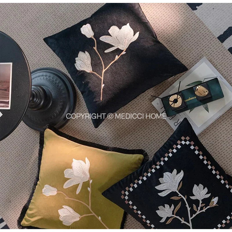 DecorBites™ French Vintage Magnolia Embroidered Velvet Throw Pillow Case
