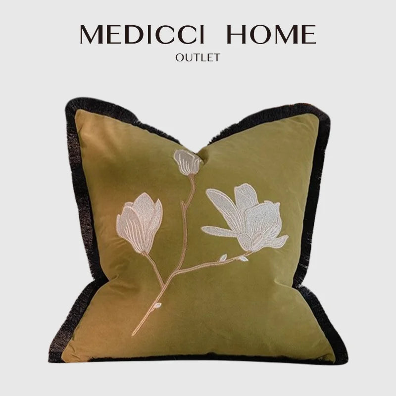 DecorBites™ French Vintage Magnolia Embroidered Velvet Throw Pillow Case