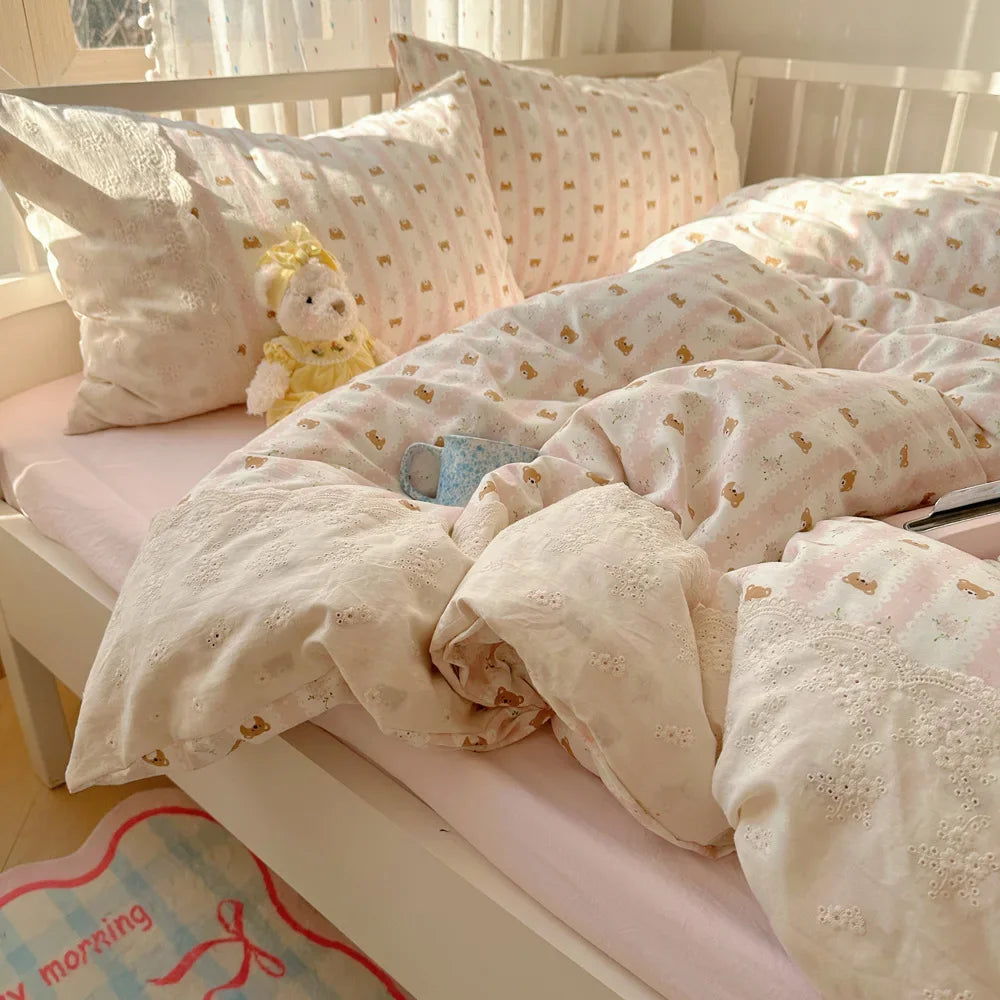 DecorBites™ Lace Duvet Cover Bedding Set 4Pcs French Washed Cotton