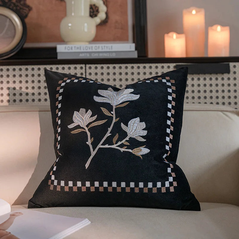 DecorBites™ French Vintage Magnolia Embroidered Velvet Throw Pillow Case