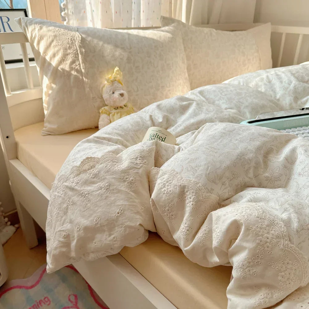 DecorBites™ Lace Duvet Cover Bedding Set 4Pcs French Washed Cotton