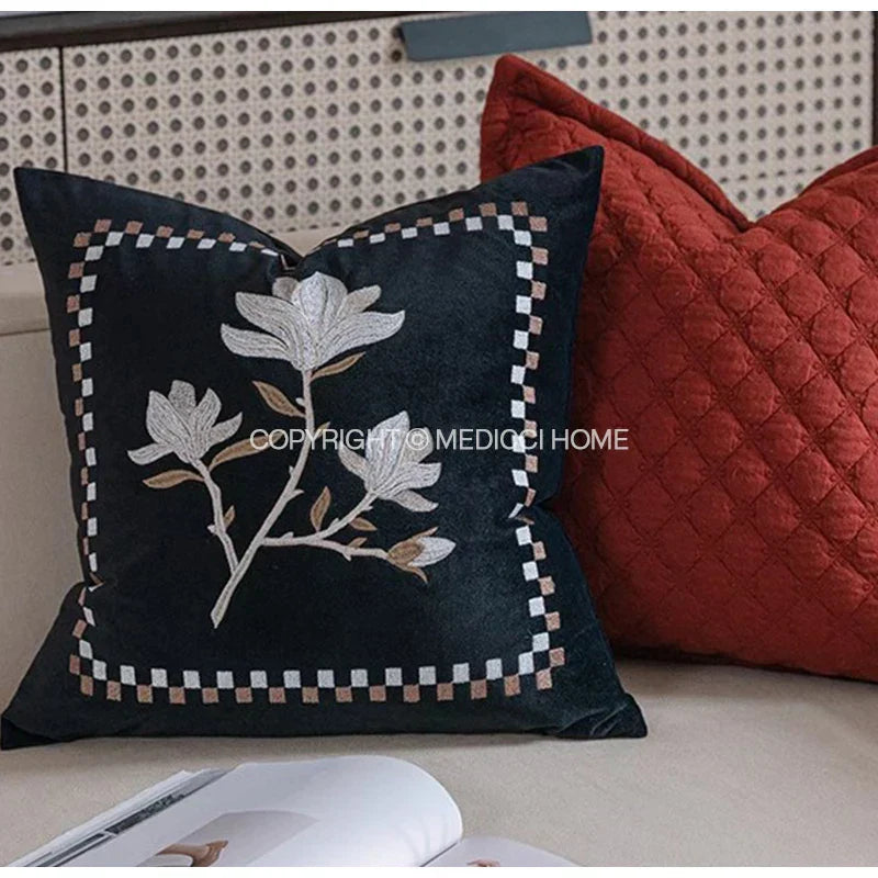 DecorBites™ French Vintage Magnolia Embroidered Velvet Throw Pillow Case