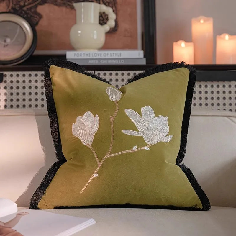 DecorBites™ French Vintage Magnolia Embroidered Velvet Throw Pillow Case