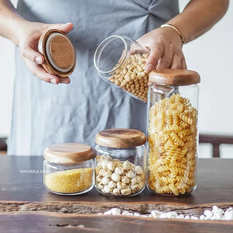 DecorBites™ Acacia Wood Lid Glass Food Storage Container - Elegant and Functional Kitchen Jar