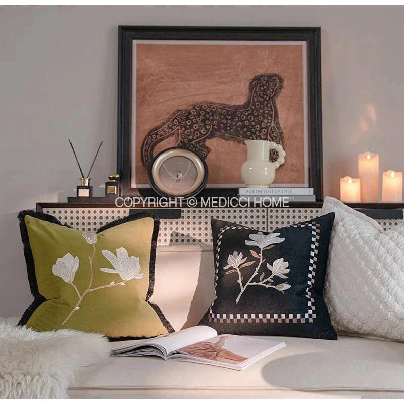 DecorBites™ French Vintage Magnolia Embroidered Velvet Throw Pillow Case