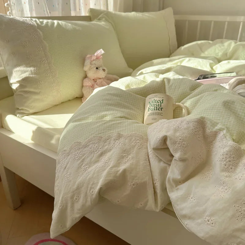 DecorBites™ Lace Duvet Cover Bedding Set 4Pcs French Washed Cotton