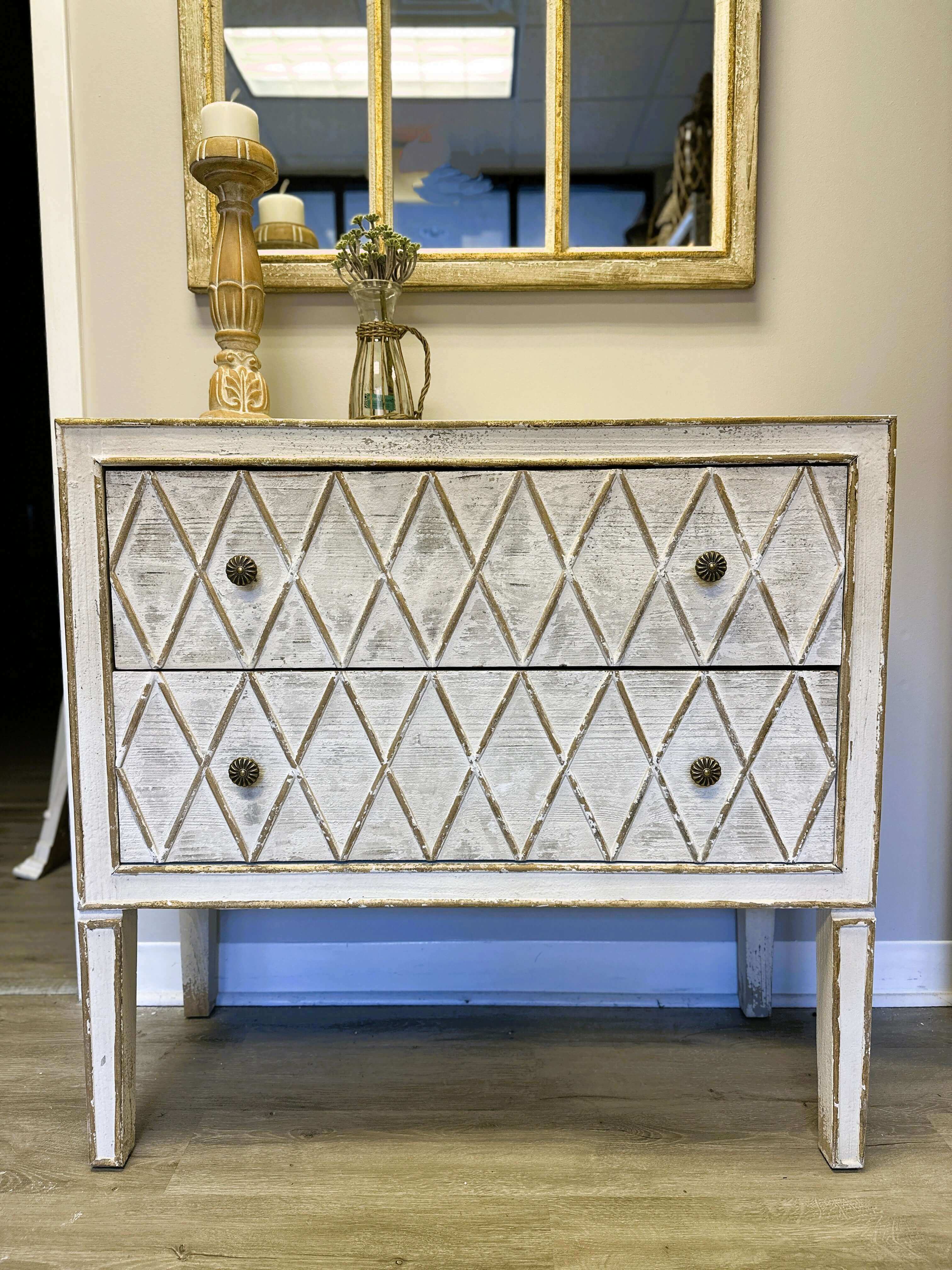 Vintage Dresser with Diamond Pattern in White and Gold