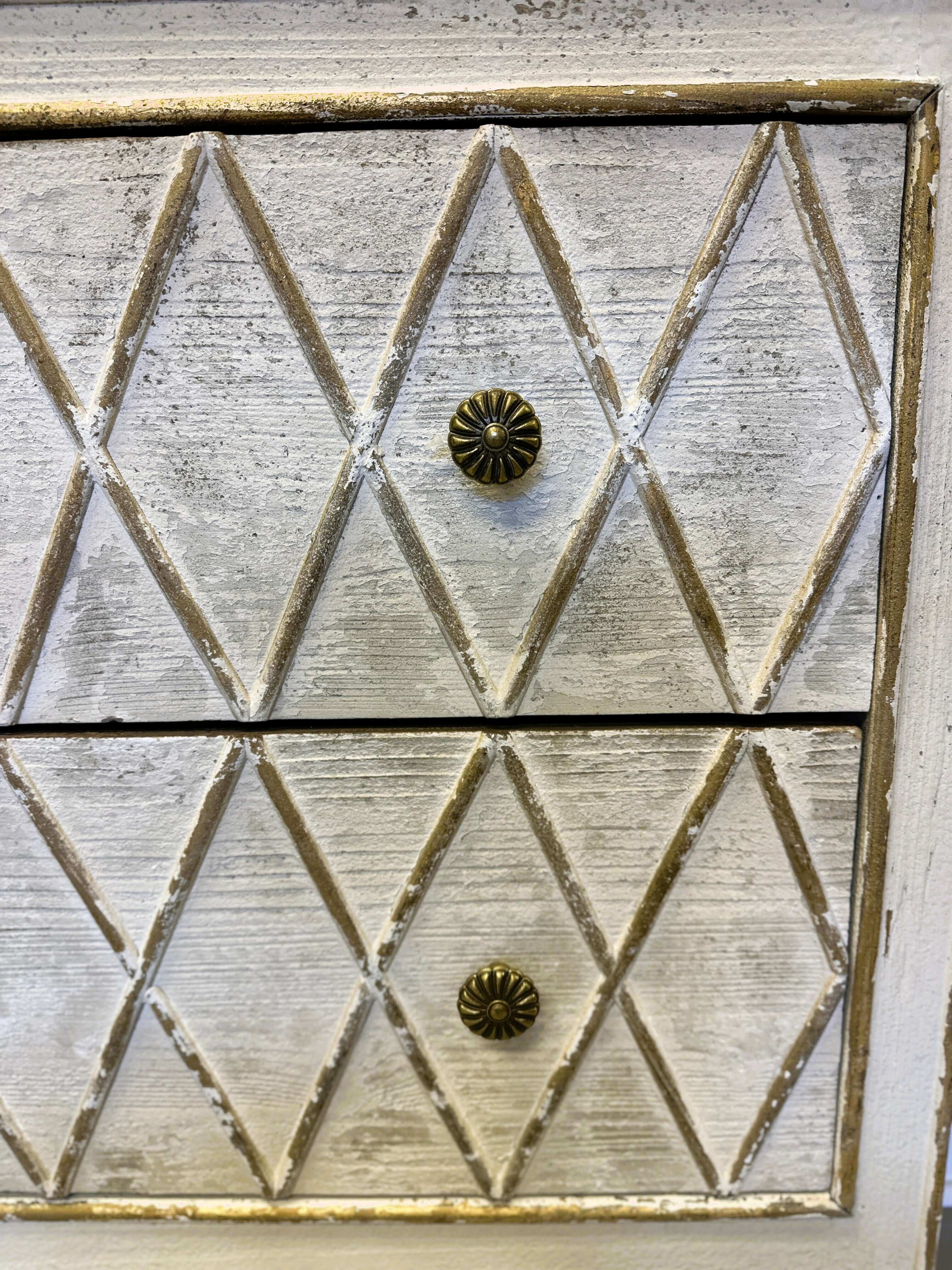 Vintage Dresser with Diamond Pattern in White and Gold