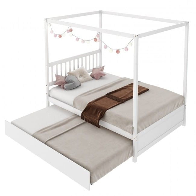 Full Size Canopy Platform Bed with Twin Size Roller Trundle Bed - White