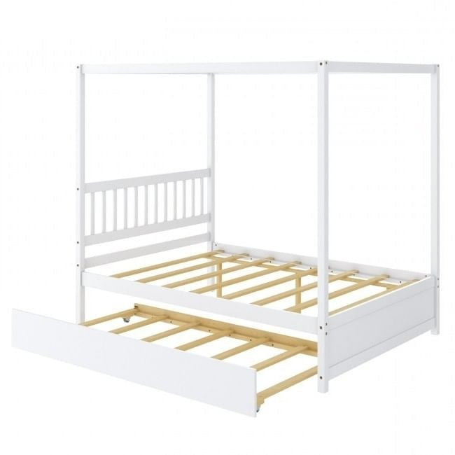 Full Size Canopy Platform Bed with Twin Size Roller Trundle Bed - White