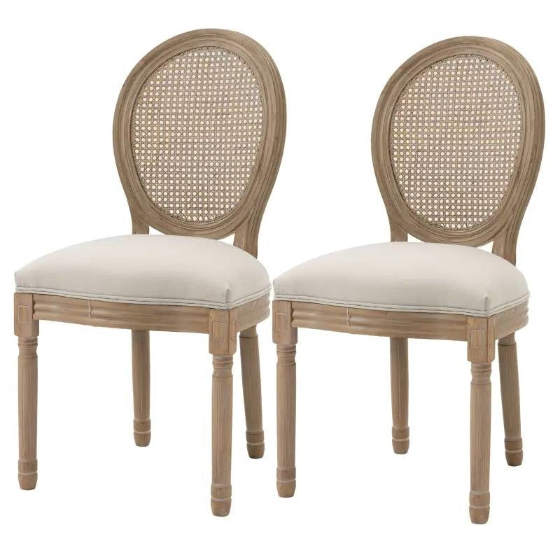 Set of 2 Vintage Upholstered Armless Rattan Back Dining Chairs - Beige
