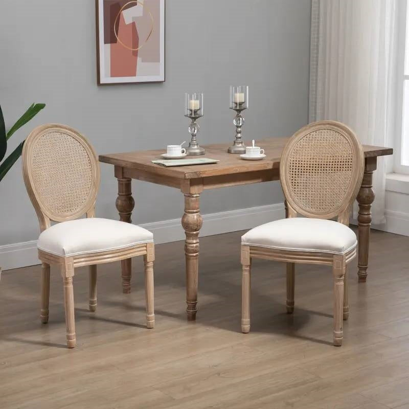 Set of 2 Vintage Upholstered Armless Rattan Back Dining Chairs - Beige