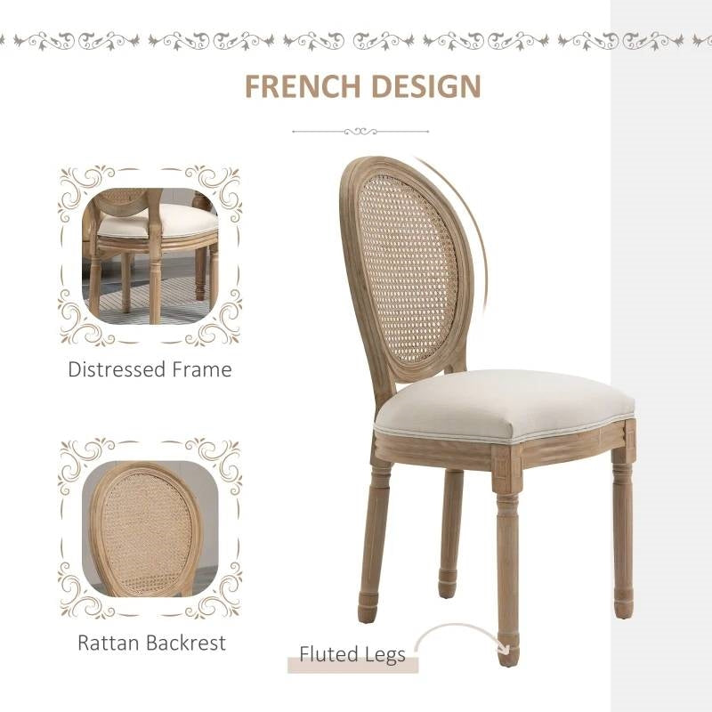 Set of 2 Vintage Upholstered Armless Rattan Back Dining Chairs - Beige
