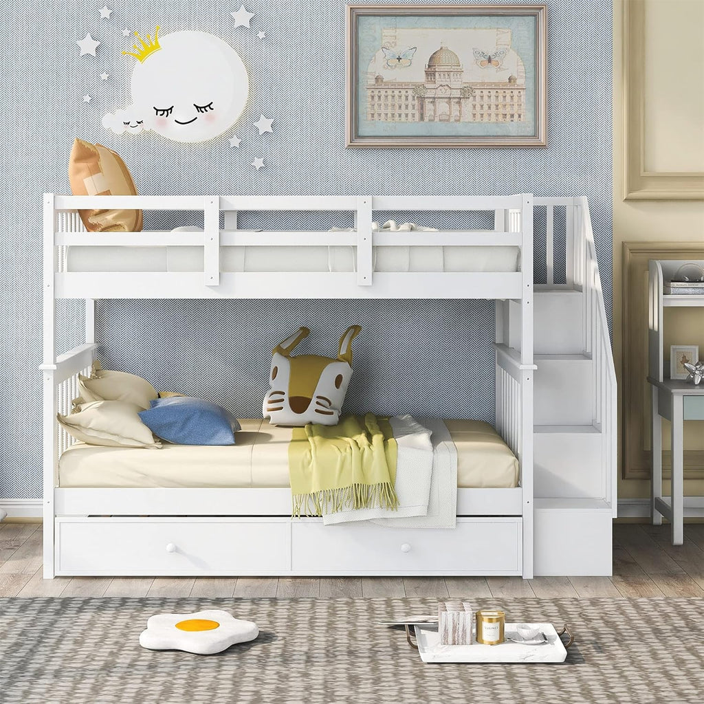 Wooden Twin Over Twin Bunk Bed with Stairs and Trundle - White