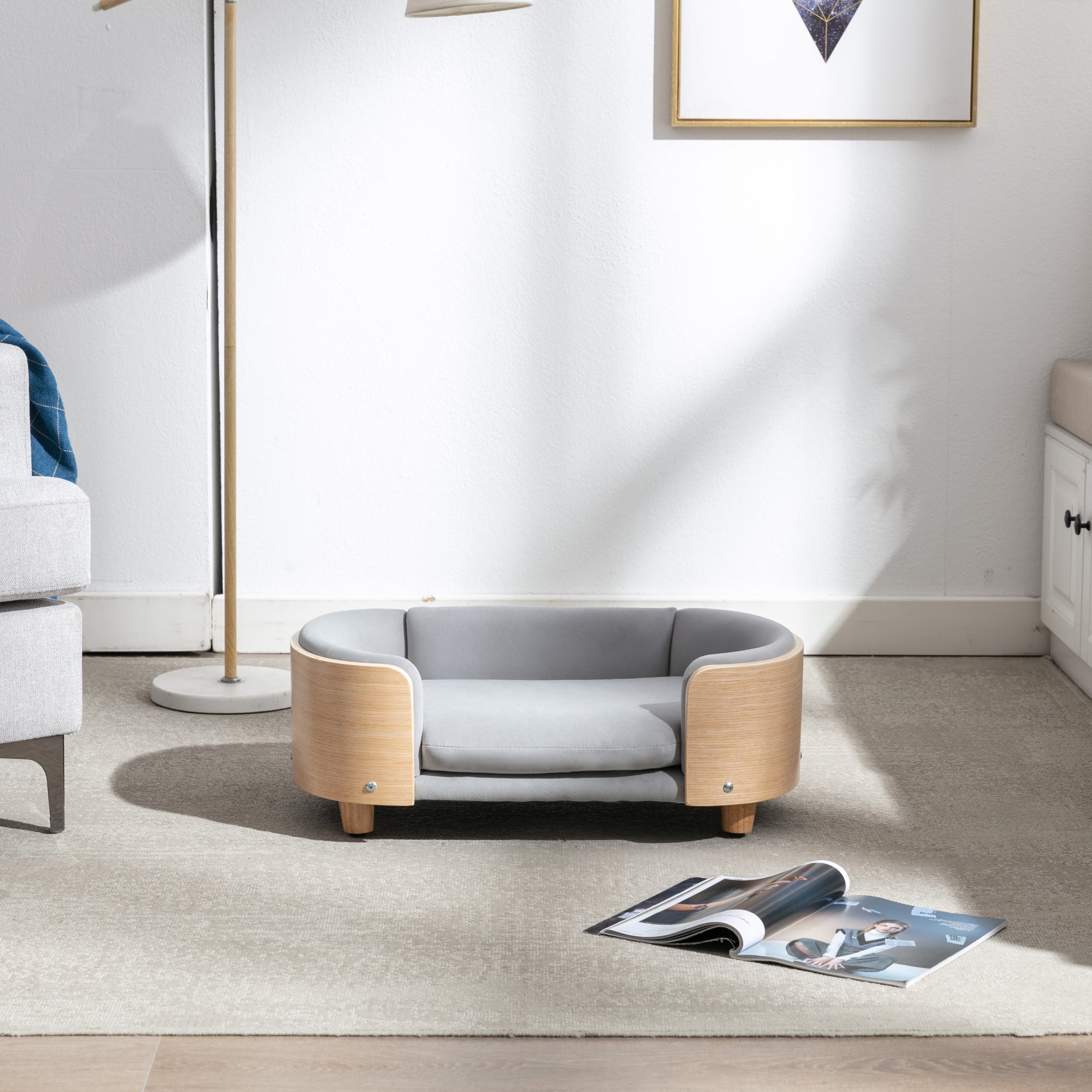 Scandinavian Velvet Pet Sofa Bed With Solid Wood Legs and Bent Wood Back- Small Size