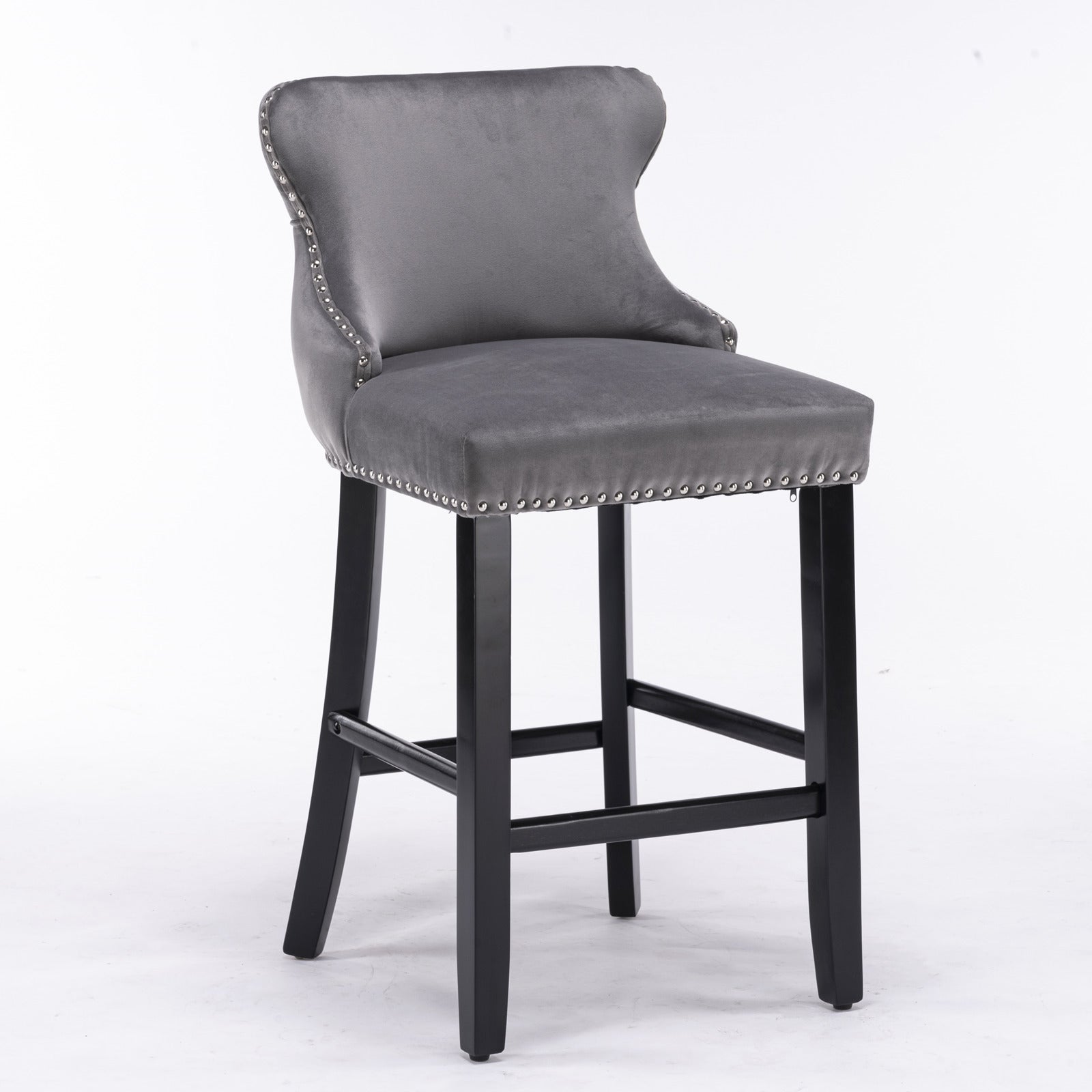 Velvet Upholstered Wing-Back Barstools with Button Tufted Decoration and Wooden Legs -Gray
